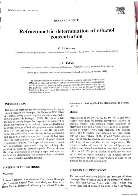 Refractometric determination of ethanol concentration